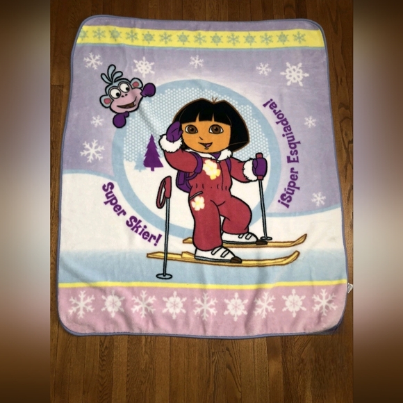 Vtg Dora the Explorer Super Skier! Warm Fleece Throw Blanket Nick Jr. 50" X 60" - Picture 2 of 7